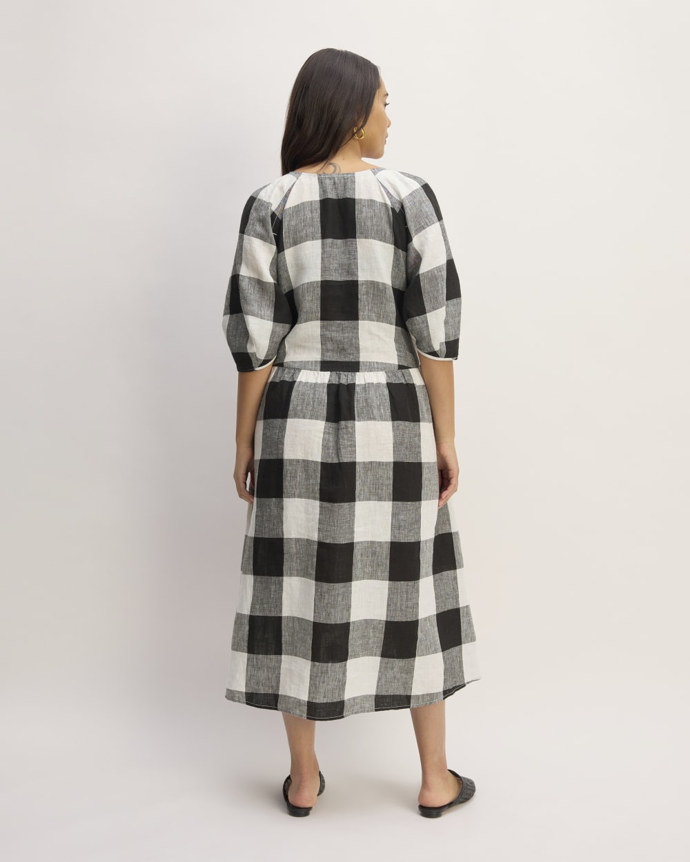 The Linen Oversized Puff-Sleeve Dress | Bone / Black Check - Image 6