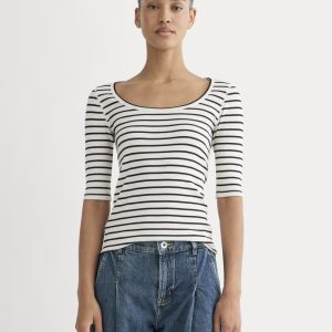 The Luxe Rib Scoop-Neck Tee | Bone / Black