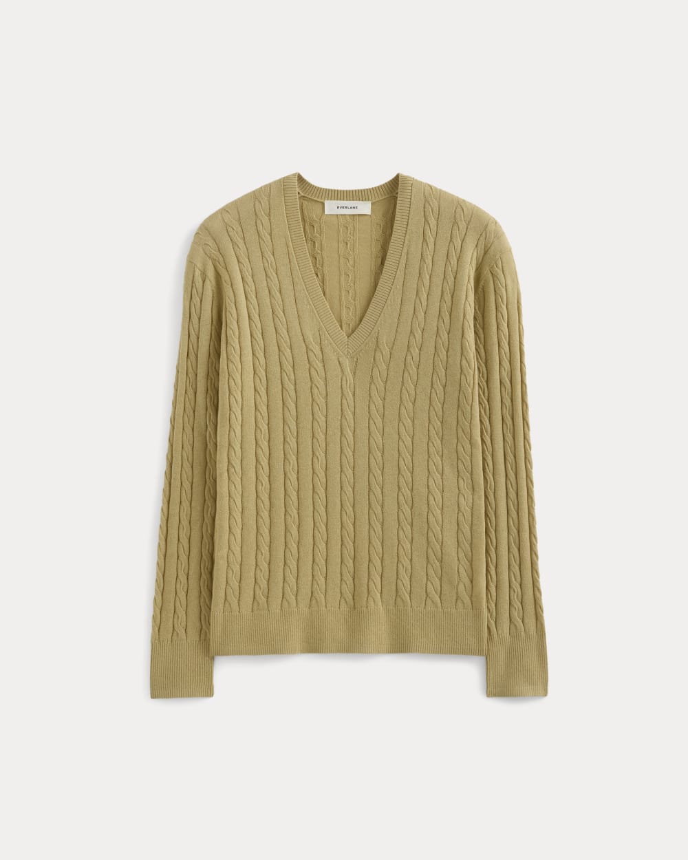 The Cable V-Neck in Cotton Cashmere | Classic Khaki - Image 2