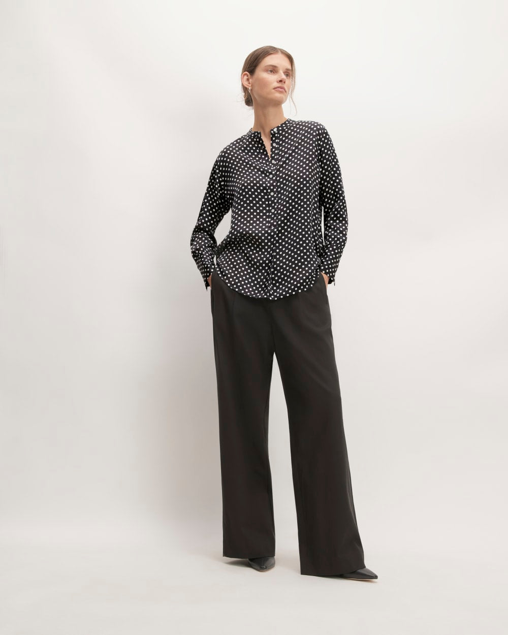 The Hammered Satin Popover Shirt | Black / Bone Polka Dot - Image 3