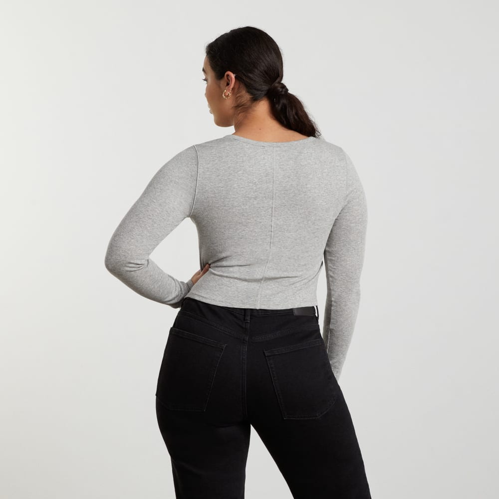 The Pima Micro-Rib Cropped Long-Sleeve Crew | Heathered Grey - Image 3