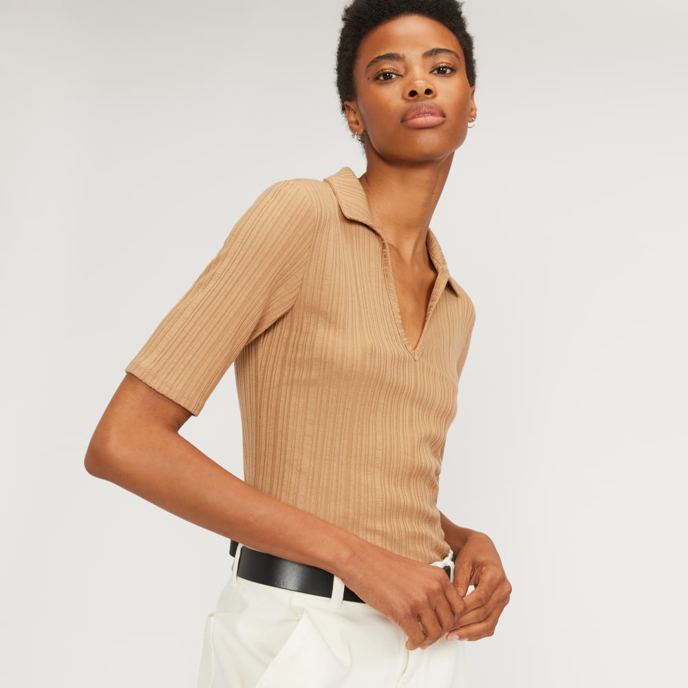 The Rib Soft Knit Open Collar Polo | Caramel - Image 4