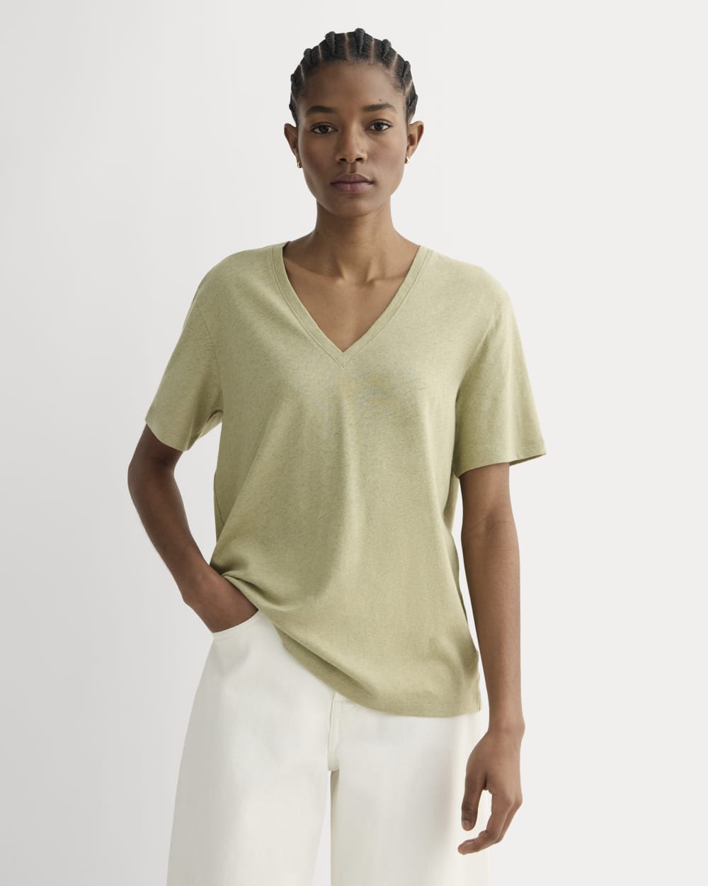 The Slouchy V-Neck Tee in Cotton Linen | Eucalyptus