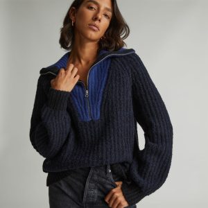 The Luxe Teddy Oversized Half Zip Sweater | Black / Ocean Cavern