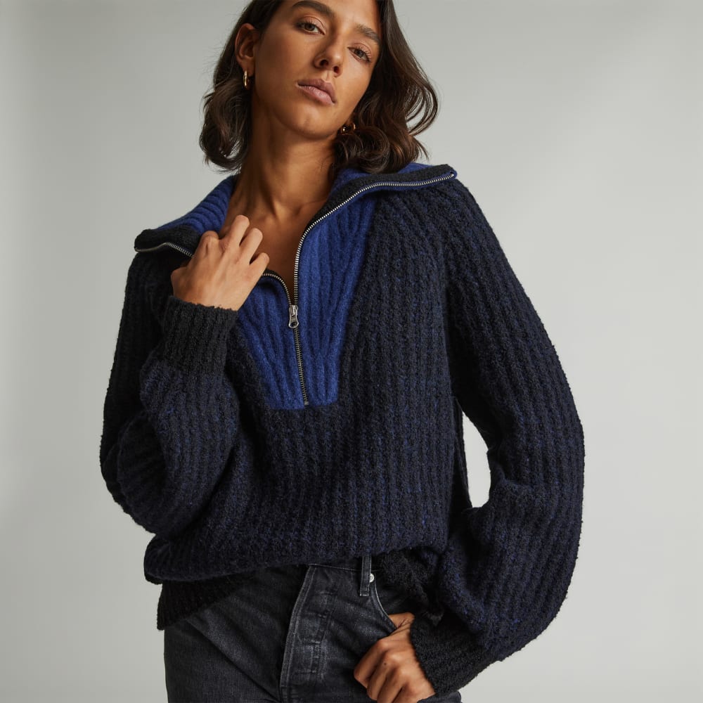 The Luxe Teddy Oversized Half Zip Sweater | Black / Ocean Cavern