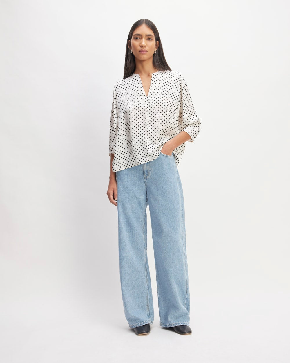 The Hammered Satin Balloon Sleeve Top | Bone / Black Polka Dot - Image 3