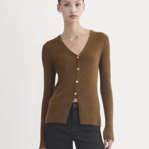 Cashmere Ribbed V-Neck Cardigan | Heathered Toffee
