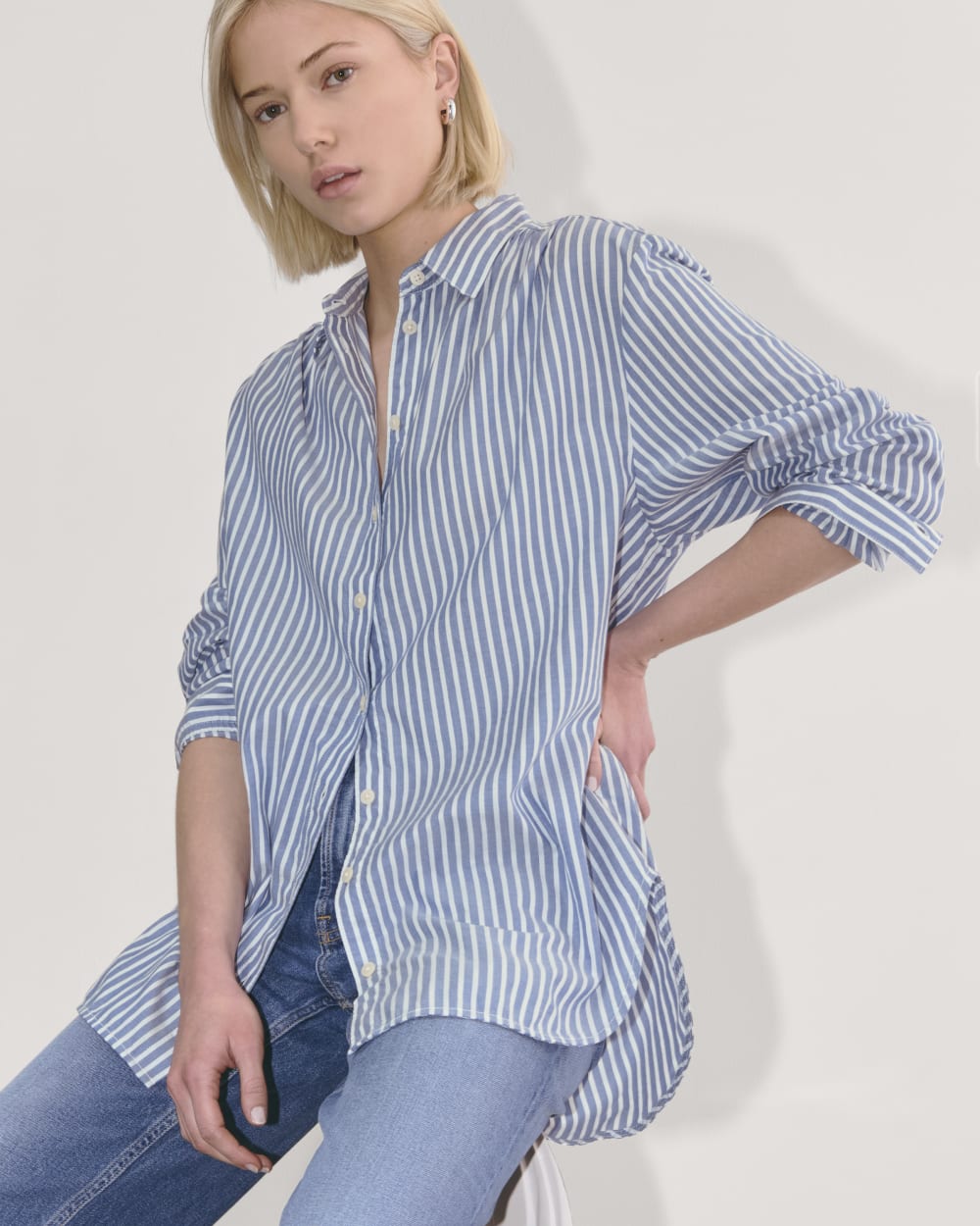 The Gathered Shirt in Silky Cotton | Bone / Mazarine Blue - Image 4