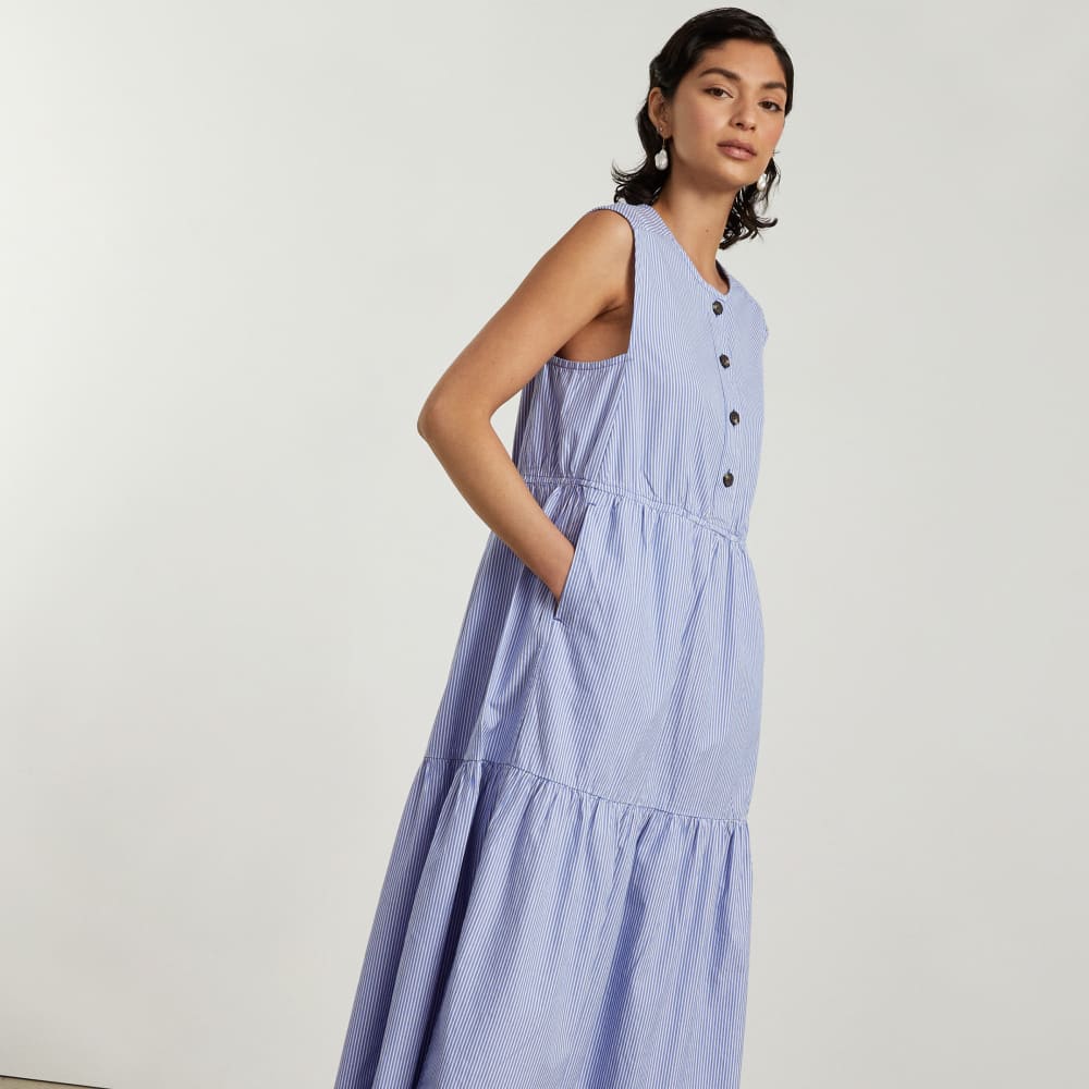 The Tiered Midi Dress | White / Blue Mini Stripe - Image 4