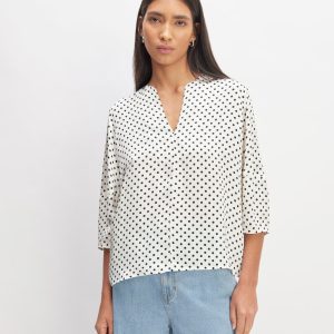 The Hammered Satin Balloon Sleeve Top | Bone / Black Polka Dot