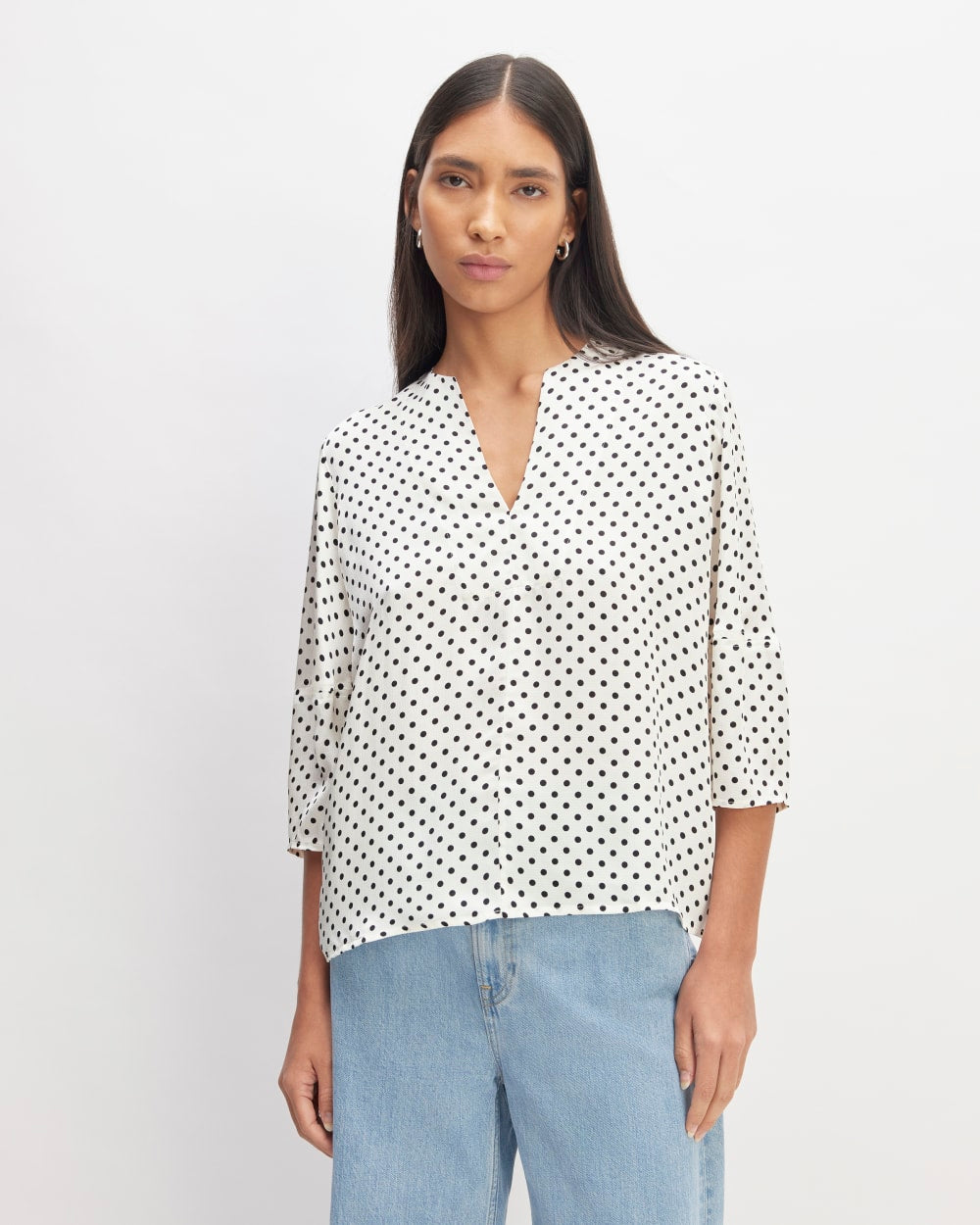 The Hammered Satin Balloon Sleeve Top | Bone / Black Polka Dot