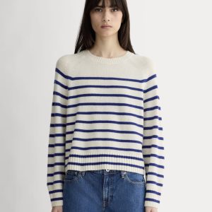 The Boxy Crew in Cashmere | Soft White / Deep Blue