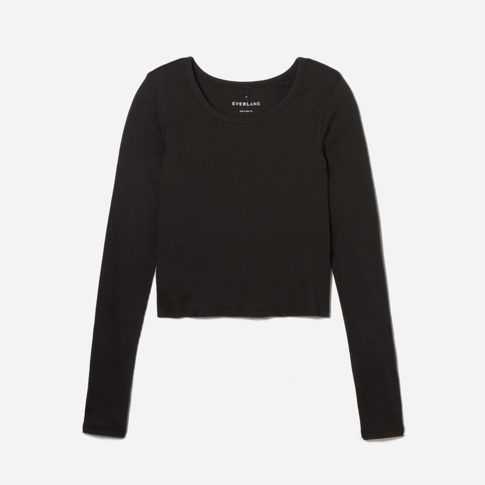 The Pima Micro-Rib Cropped Long-Sleeve Crew | Black - Image 2