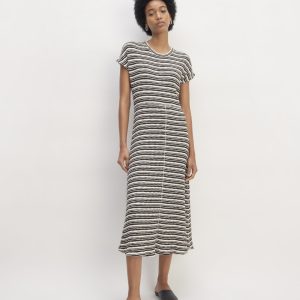 The Rib-Knit Cap-Sleeve Midi Dress | Bone / Black