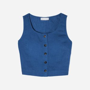 The Linen Button-Front Crop Tank | Deep Blue