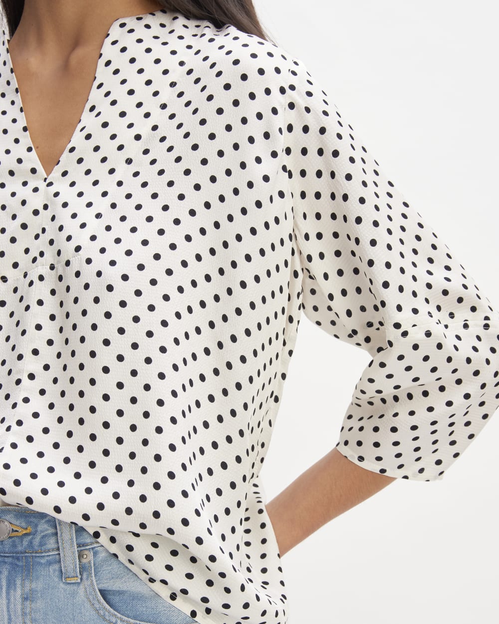 The Hammered Satin Balloon Sleeve Top | Bone / Black Polka Dot - Image 5