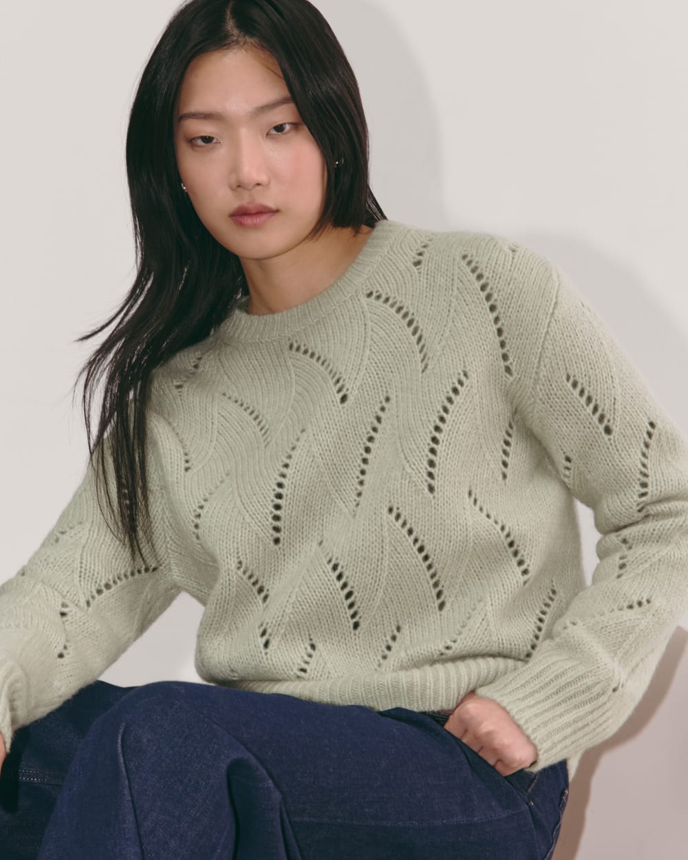 The Pointelle Sweater in Cloud | Seagrass - Image 3