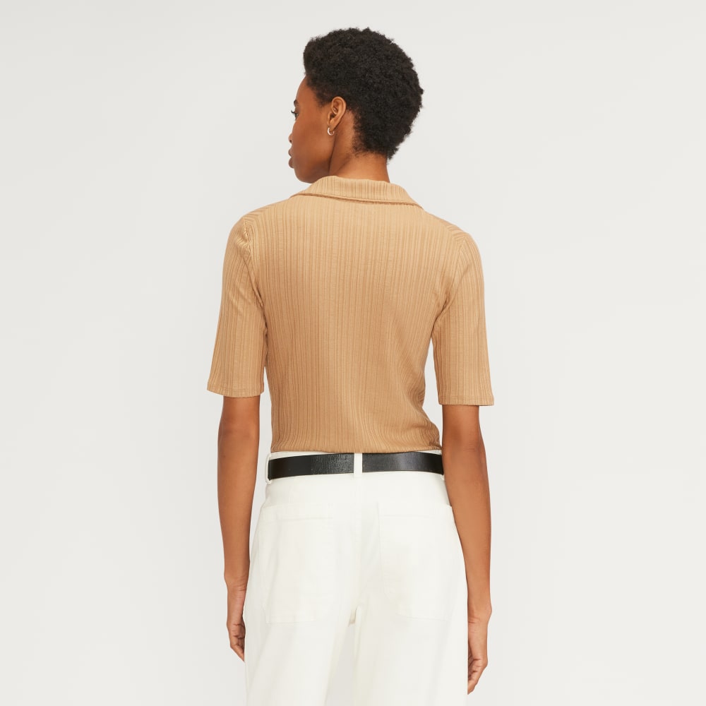 The Rib Soft Knit Open Collar Polo | Caramel - Image 3
