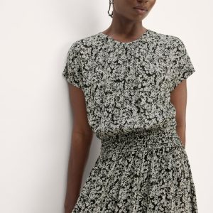 The Gathered Midi Dress | Black / Bone Mini Floral