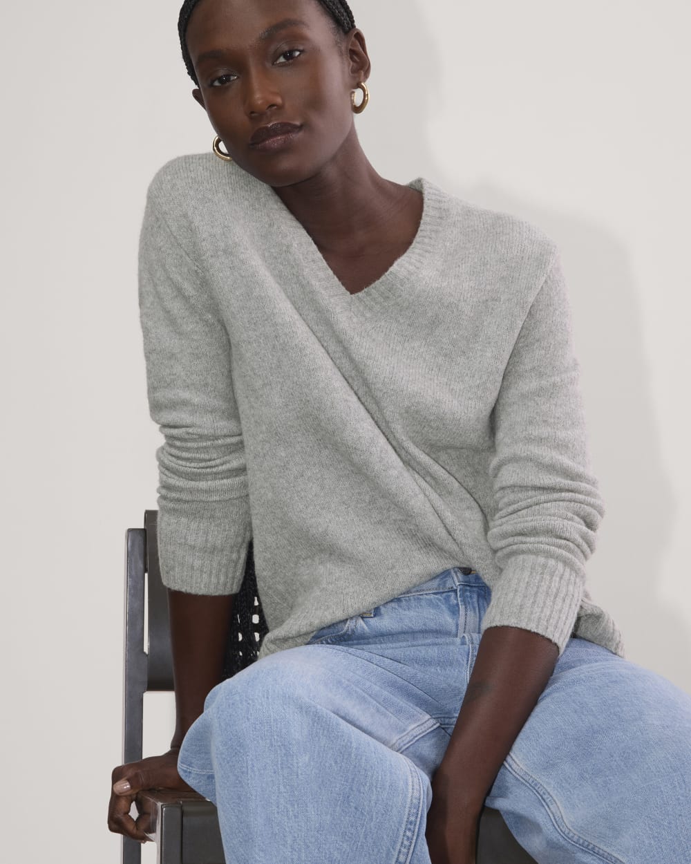 The V-Neck Sweater in Plush Cotton | Heathered Grey - Image 3
