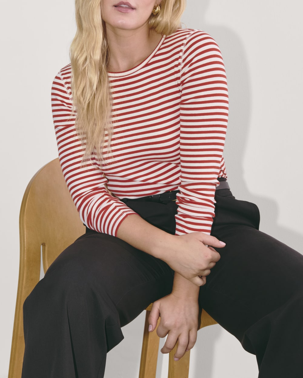 The Luxe Rib Long-Sleeve Crew | Bone / Berry Red - Image 3