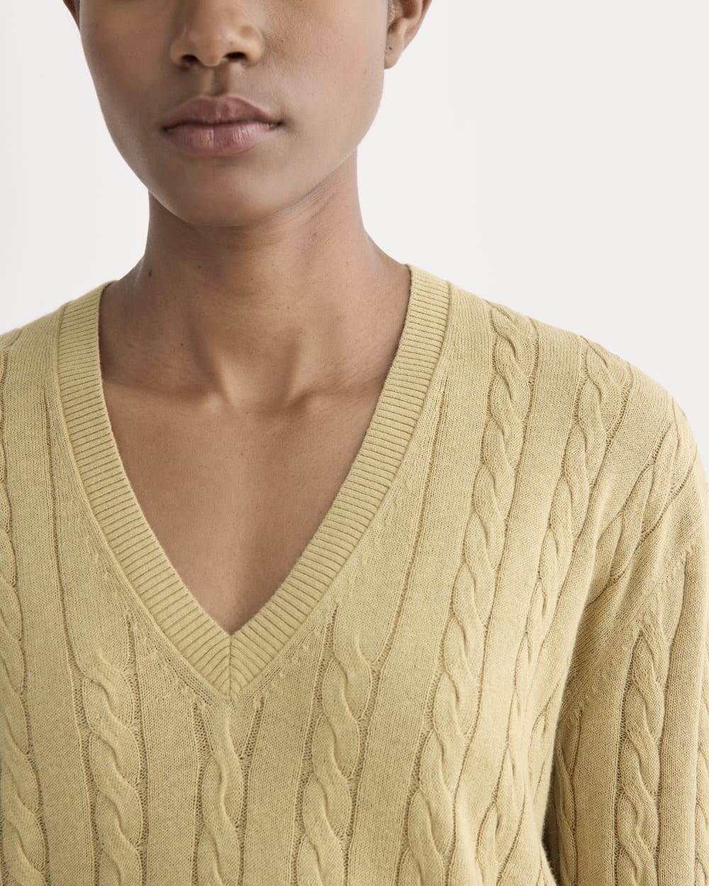 The Cable V-Neck in Cotton Cashmere | Classic Khaki - Image 4