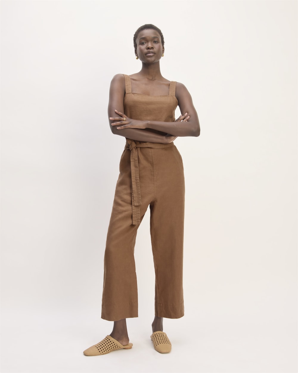 The Linen Side-Button Jumpsuit | Carob Brown