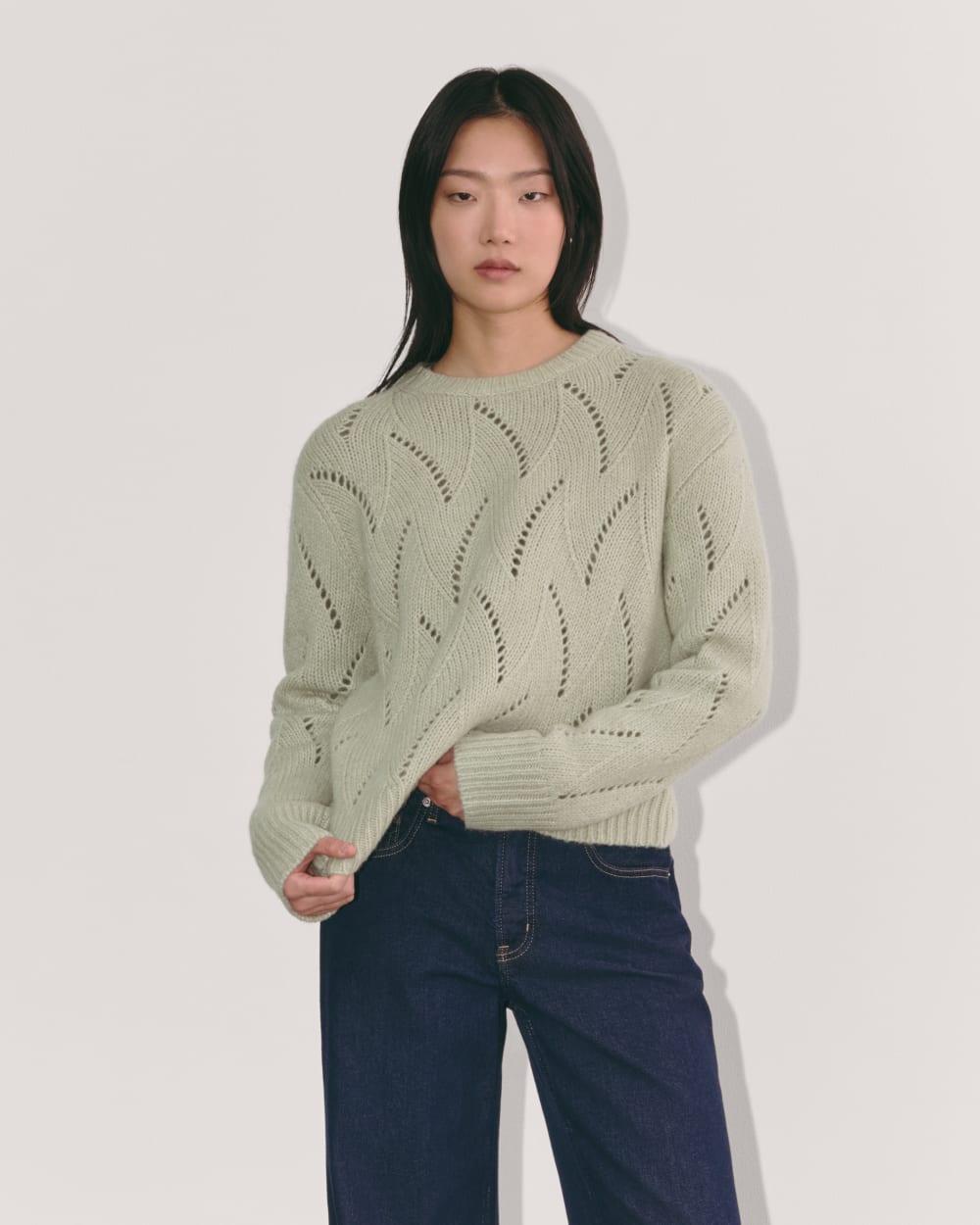 The Pointelle Sweater in Cloud | Seagrass