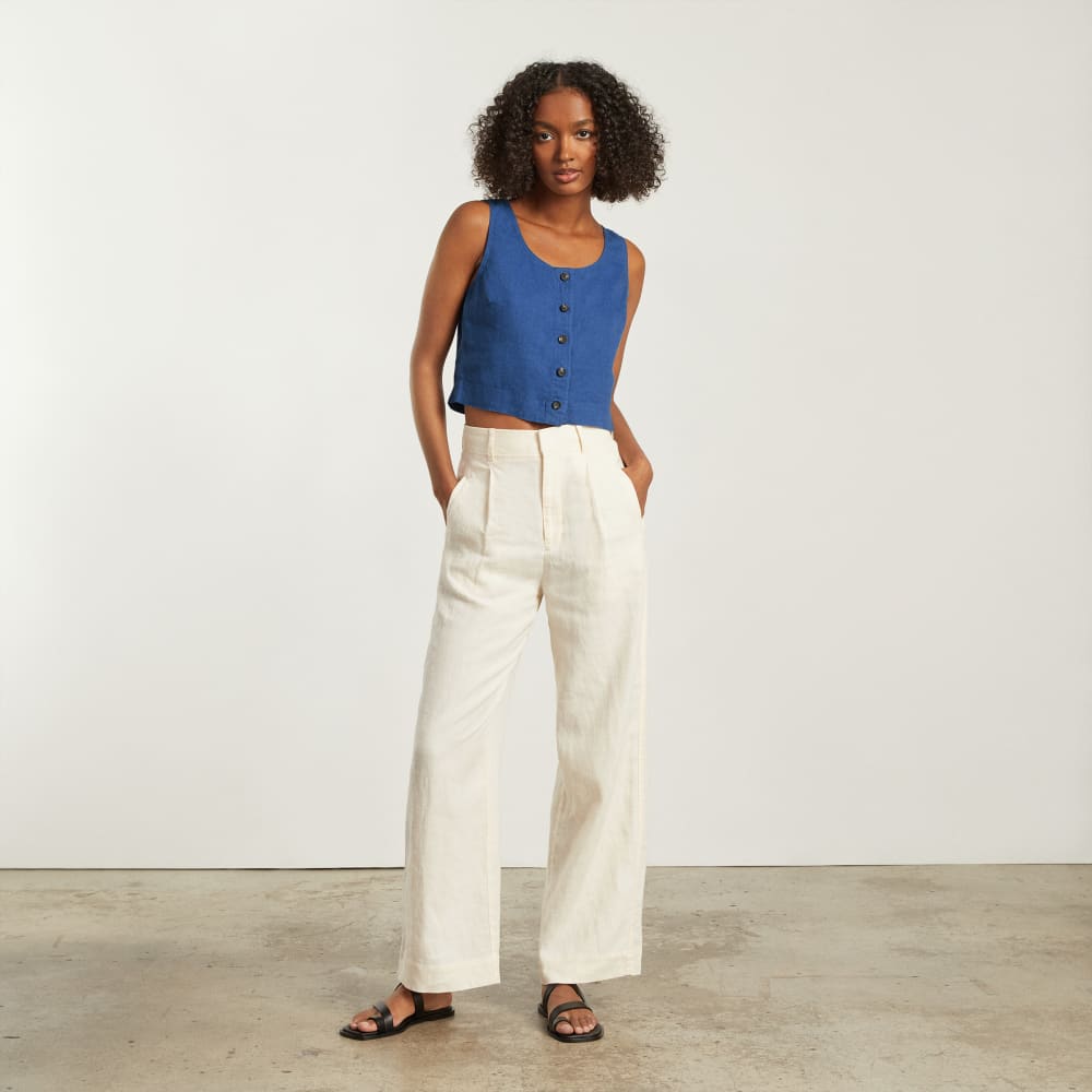 The Linen Button-Front Crop Tank | Deep Blue - Image 4