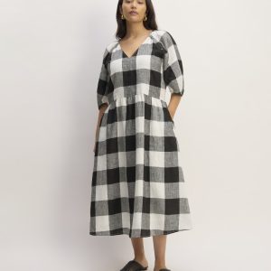 The Linen Oversized Puff-Sleeve Dress | Bone / Black Check