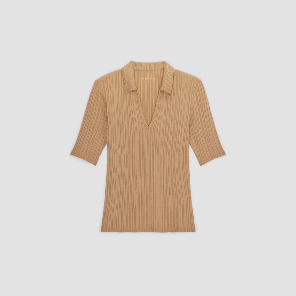 The Rib Soft Knit Open Collar Polo | Caramel - Image 2