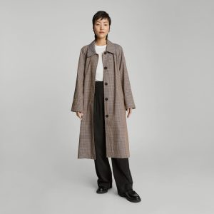 The Gathered Drape Trench | Blue / Brown Houndstooth