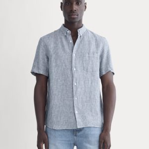 The Classic Short-Sleeve Shirt in Linen | White / Blue