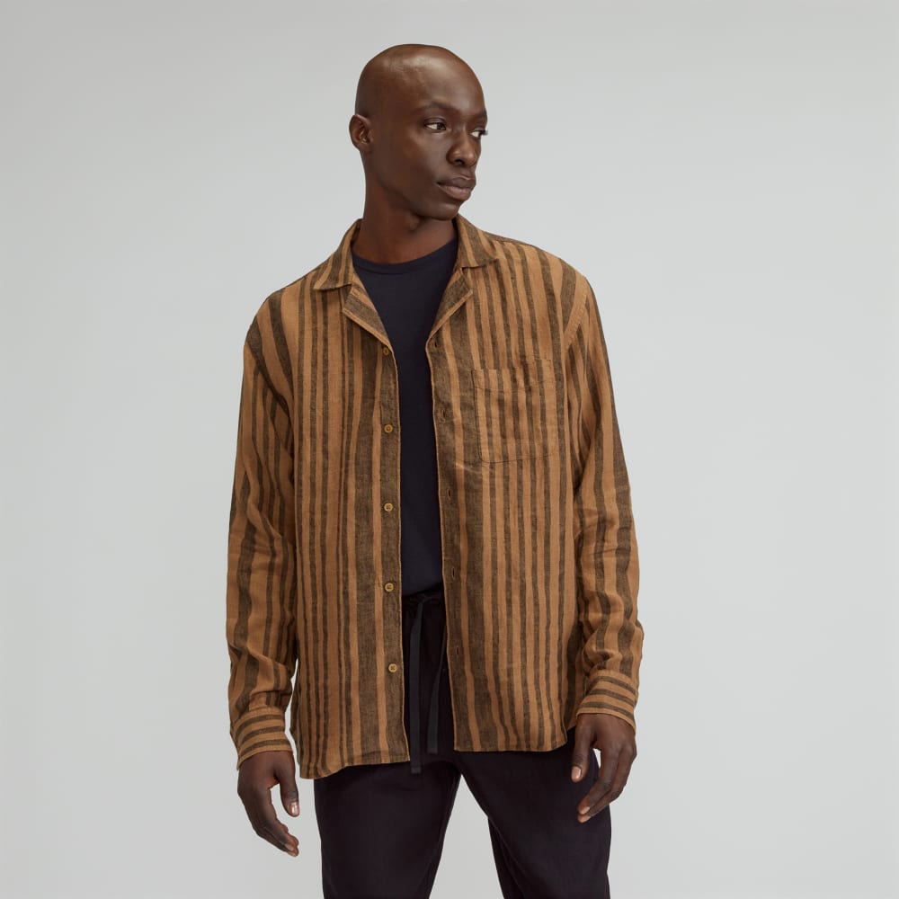 The Relaxed Linen Long-Sleeve Shirt | Toasted Coconut / Black