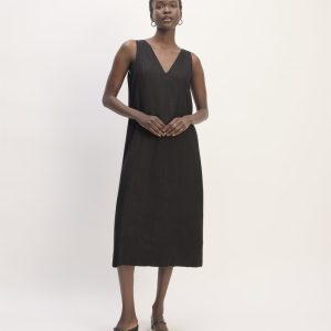 The Linen V-Neck Midi Dress | Black